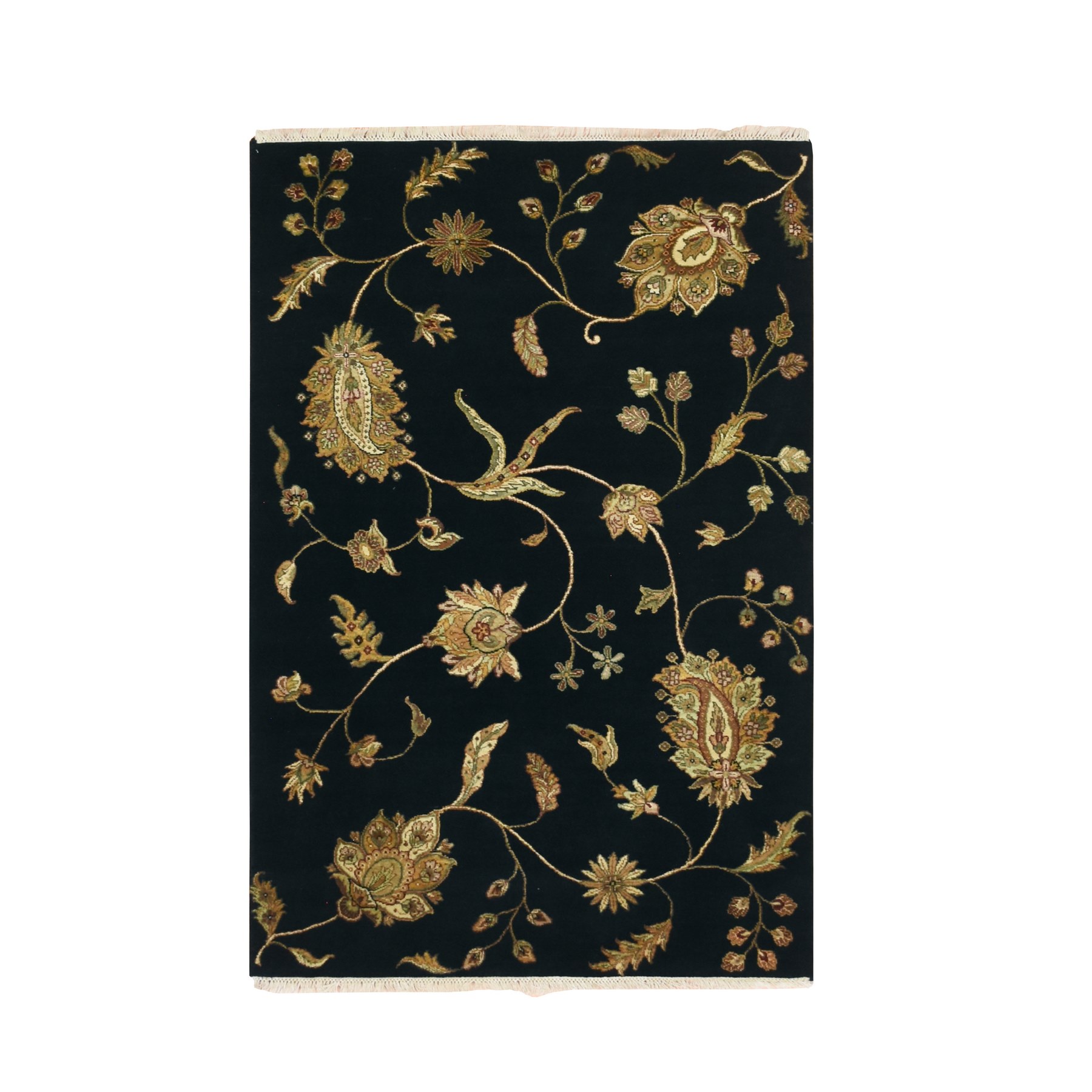 Caviar Black, Half Wool and Half Silk, Borderless Botanical Design, Densely Woven, Soft Pile, Hand Knotted, Oriental Rug